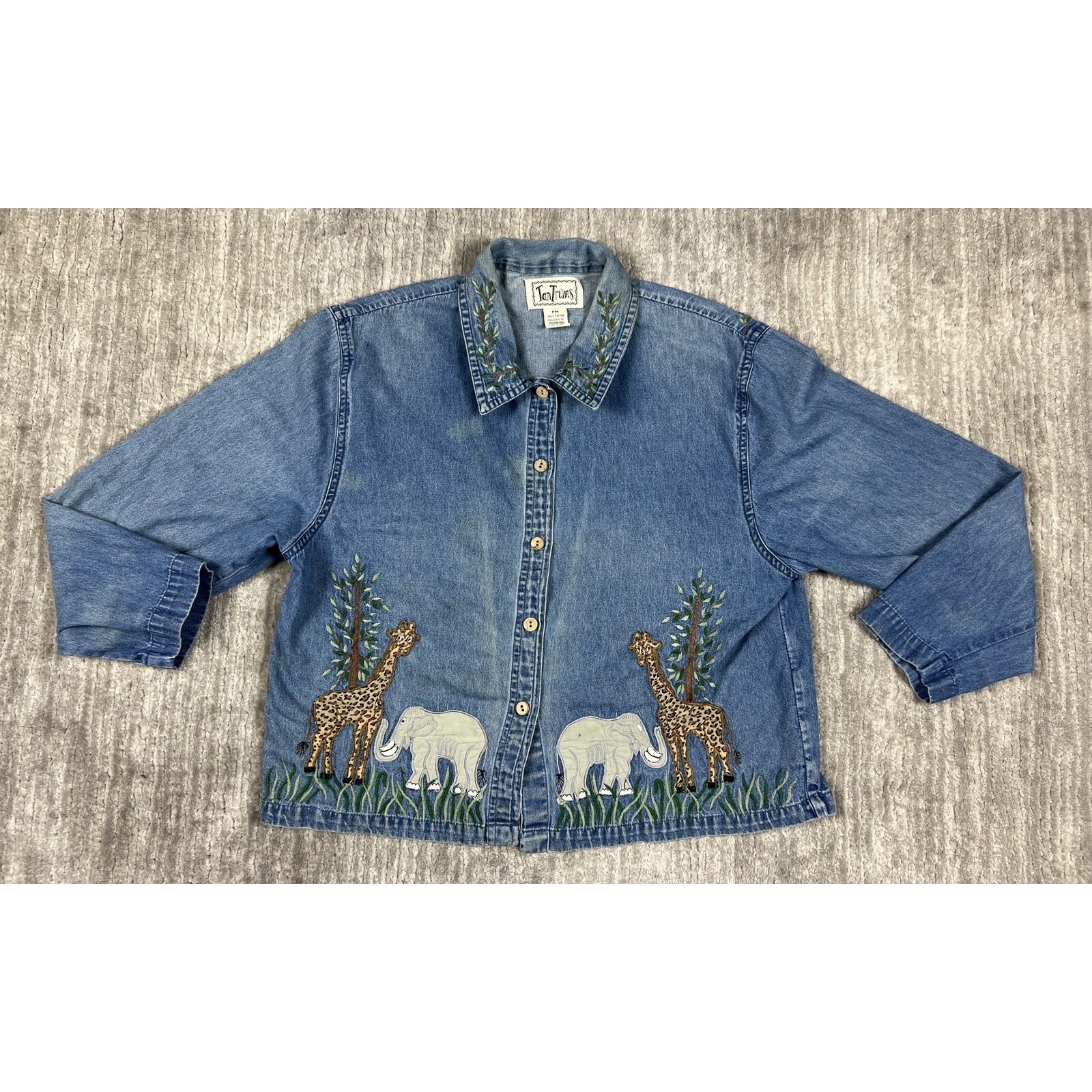 Vintage Tan Trums Womens Shirt Pm Blue Denim Animal Safari Embroidery Button